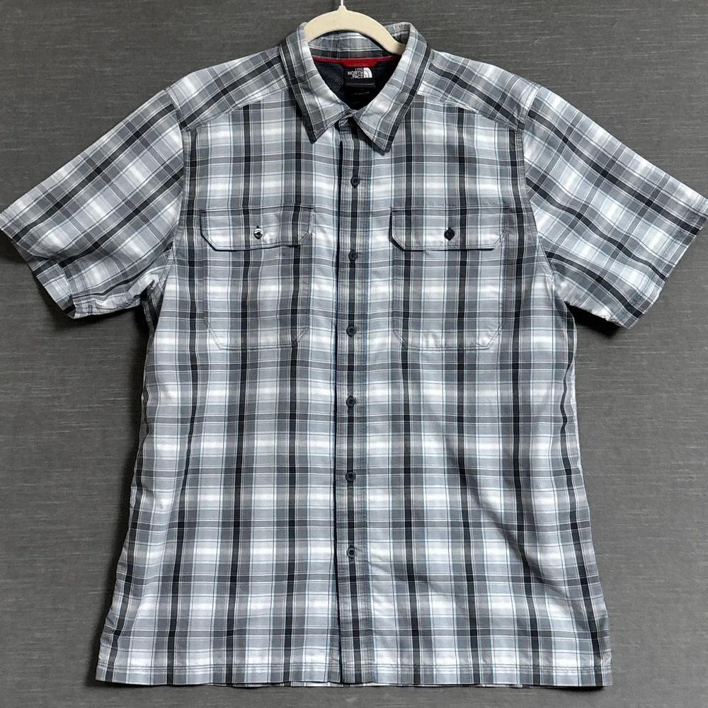 North Face Shirt L Gray Plaid Button Up Short‎ Sleeve Outdoor Hiking Camping